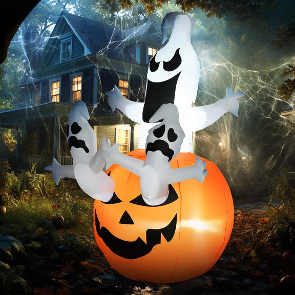 HOMCOM 6FT Inflatable Halloween Jack-O-Lantern and Ghosts, Inflatable Outdoor LED Yard Display, Built -in LED