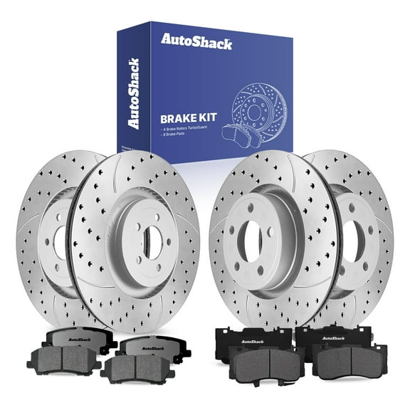 AutoShack Front & Rear Drilled & Slotted Brake Rotors Premium Ceramic Brake Pads | Replacement for 2015-2020 Ford Mustang 2.3L 5.0L V8 RWD | Silver Coated | 12-PC Brake Kit | TurboGuard
