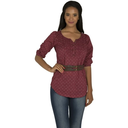 S&P Junior Women's Y-Neck Plum Red Woven Printed Tunic Blouse Shirt 3/4 Sleeve Fashion (Best Blouses For Jeans)