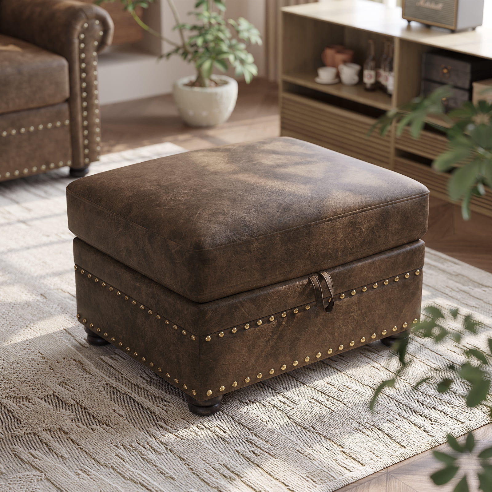 Faux Leather Ottoman with Storage, Nailhead Footrest Stool for Living Room, Brown