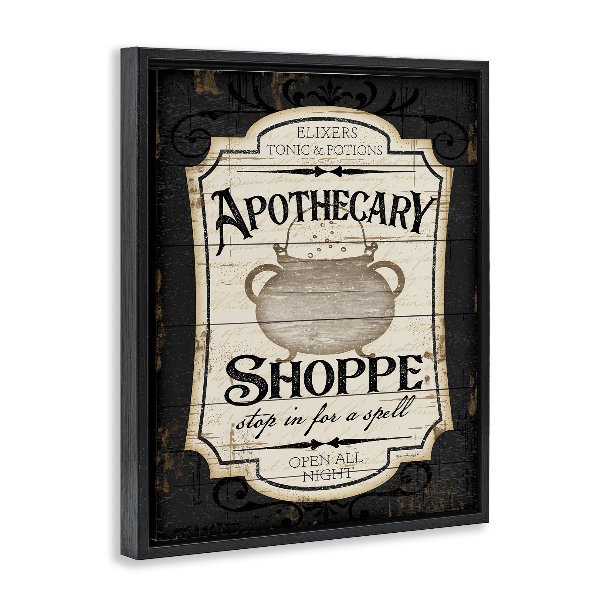 Stupell Industries Apothecary Shoppe Spooky Sign Holiday Painting Black Floater Framed Canvas Art Print Wall Art, 25 x 31