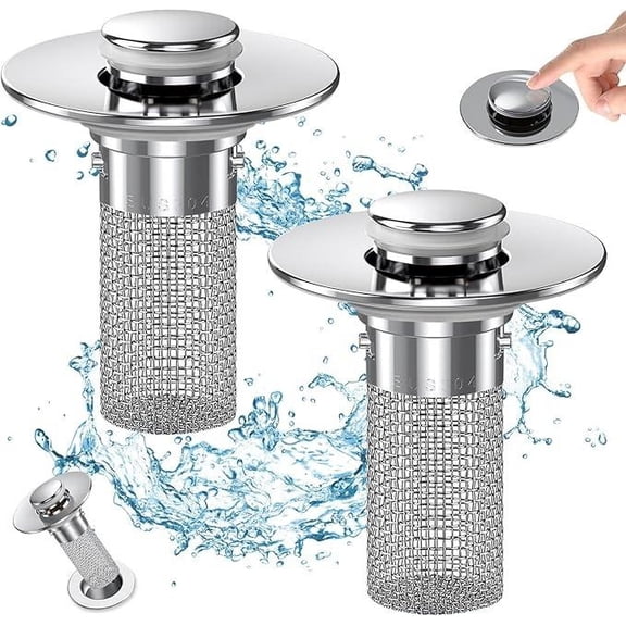 [KKC] 2 Counts Bathroom Sink Stopper Hair Catcher,Pop-Up Bathroom Sink Drain Strainer with Removable Stainless Steel Filter Basket, Universal Sink Stopper for Bathroom & Kitchen,Modern Anti-Odor