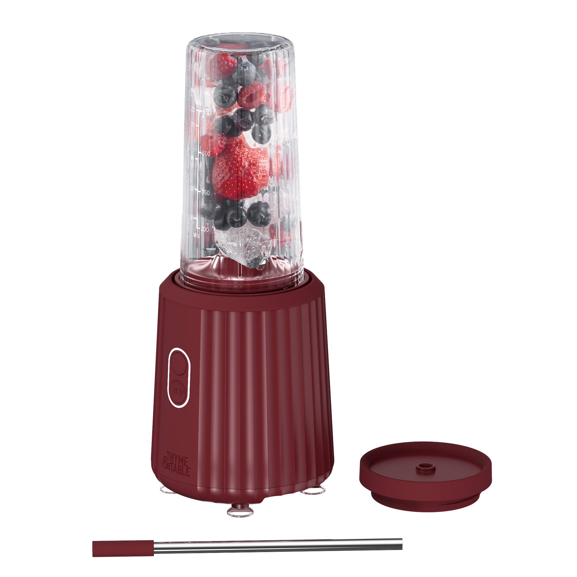 Thyme & Table 900 W 25 oz Single Serve Blender with Tritan Vessel, Smart Seal Lid and Straw, 6-Point Stainless Steel Blade, Cabernet Red