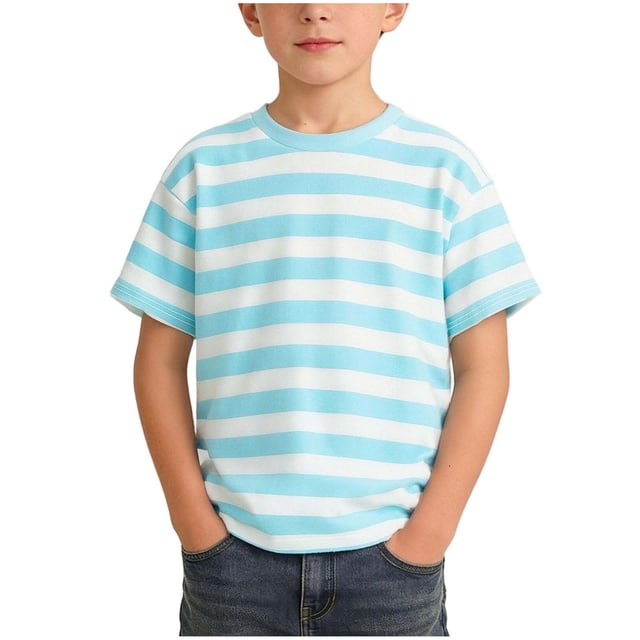 Zpanxa T-Shirts pour Garçons à Rayures Col Rond Manches Courtes Tee Été Décontracté Vêtement d'Extérieur Haut en Coton 13-14 Ans