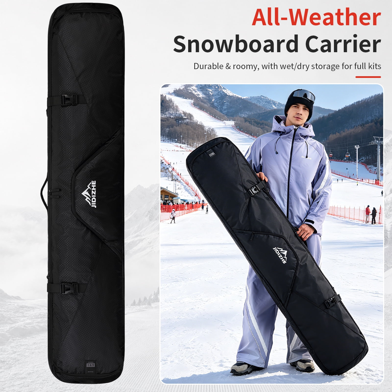 JIDIZHE Ski Bag Waterproof Textured Fabric Lightweight with Detachable Shoulder Strap 66.14 in for Ski Travel, Black