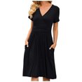 thumbnail image 2 of Honeeladyy Womens Loose Print Short Sleeve dress Women Fashion Casual Comfy Attractive Solid Color V-Neck Pocketed Short Sleeve Dress, 2 of 6