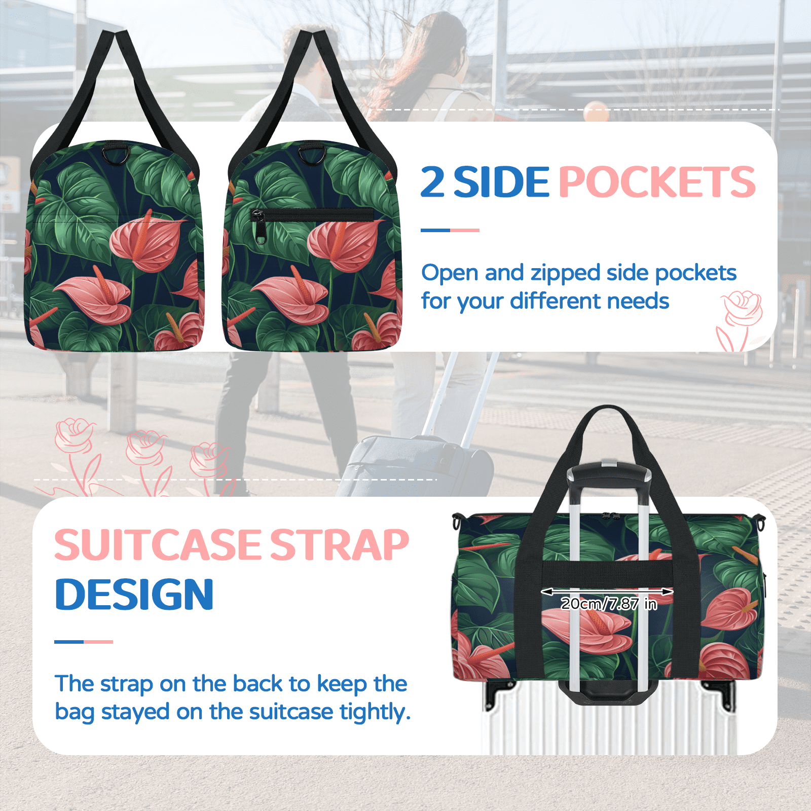 Herdesigns Tropical Gym Bag for Women, Duffle Bag for Travel Sport, Palm Leaves Floral Plants Lightweight Waterproof Carry on Weekender Dance Yoga Workout Bags