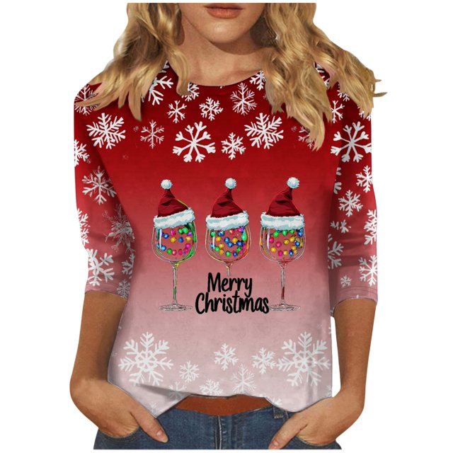 Lcziwo Femmes T-Shirts à Manches 3/4 Col Rond Hauts de Noël Fêtes Drôles Imprimé Verre de Vin Blouses Amples 2025 Mode d'Automne T-Shirts Décontractés Rouge,m