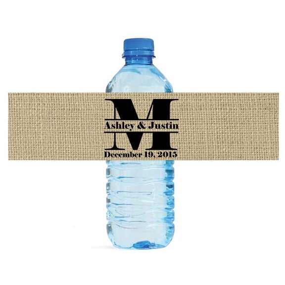 100 Burlap Monogram Wedding Anniversary Bridal Shower Water Bottle Labels 8"x2"