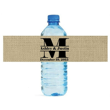 100 Burlap Monogram Wedding Anniversary Bridal Shower Water Bottle Labels 8"x2"