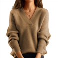 thumbnail image 1 of Suéteres de Cuello en V para Mujer, Blusa Holgada Informal de Punto de Larga, para Otoño. Camello S, 1 of 3
