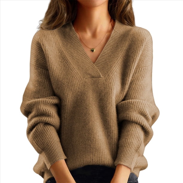 Suéteres de Cuello en V para Mujer, Blusa Holgada Informal de Punto de Larga, para Otoño. Camello M