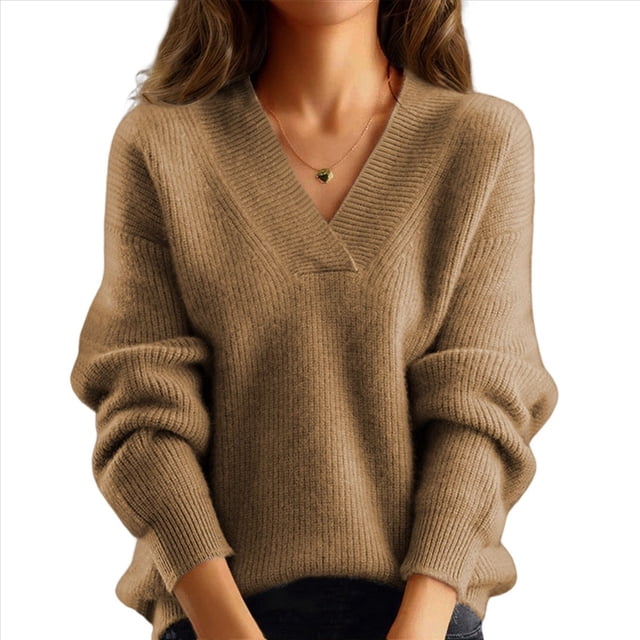 Suéteres de Cuello en V para Mujer, Blusa Holgada Informal de Punto de Larga, para Otoño. Camello S