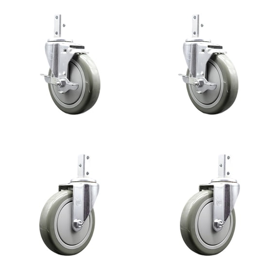 5 Inch Gray Polyurethane Wheel Swivel 7/8 Inch Square Stem Caster Set 2 Brakes