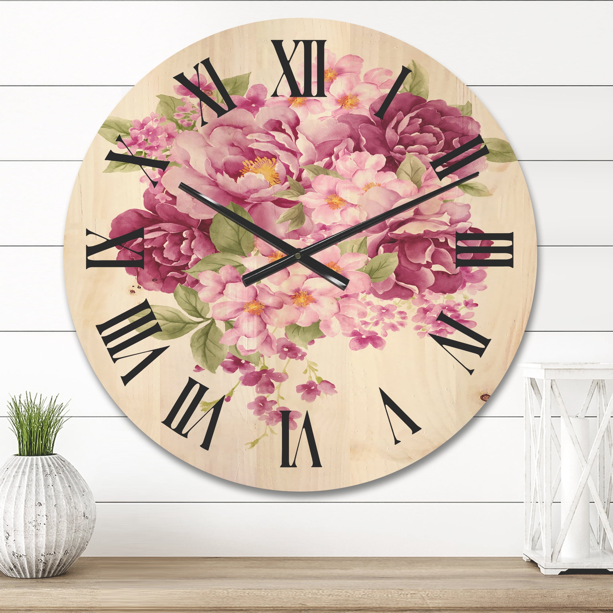 Designart 'Bouquet Of Pink Retro Flowers' Traditional Wood Wall Clock