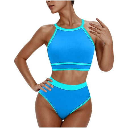 Lopeceal Women s High Waisted Bikini Sets Two Piece Swimsuits for Women Sporty Color Block Cheeky High Cut Bathing Suits