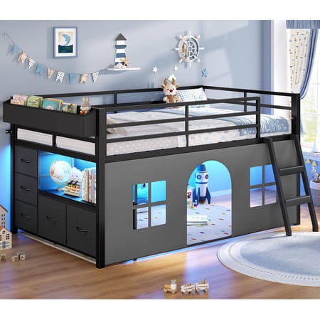 Low Loft Bed Twin With Tent, Led Lights, 5 Storage Drawers, Metal Loft Bed With Bookcase,Under-bed Play Space,13.8''h Guardrail,inclined Ladder,Black