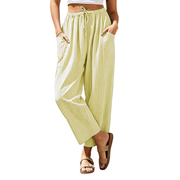 hoksml Women's Striped Elastic Drawstring Wide Leg Pants with Pockets, Loose Fit Cropped Pants for Summer Daily and Vacation Wear