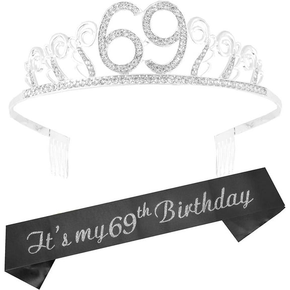 69th Birthday Sash and Tiara for Women - Fabulous Glitter Sash Waves Rhinestone Silver Premium Metal Tiara for Her, 69th Birthday Gifts for 69 Party
