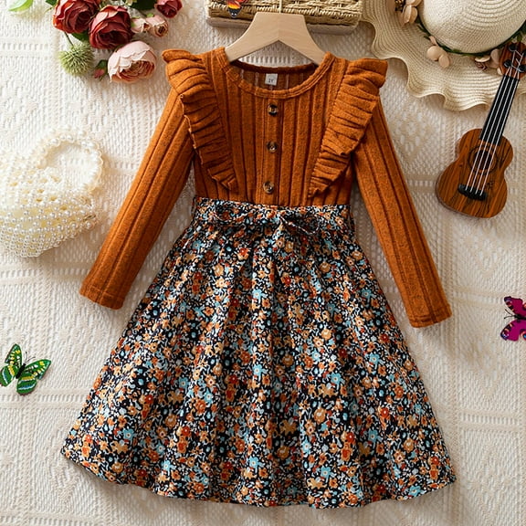 Teen Girl Easter Dresses Summer Western Style Casual Fall Winter Holiday Flower Dress for Girls Casual Spring Dress (Brown,2-3 Years)