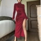 thumbnail image 2 of Gibobby Vestido sexy para fiesta Vestido de terciopelo largo de manga larga con cuello para mujer Vestido con abertura plisada entallada sexy(Rojo,M), 2 of 4