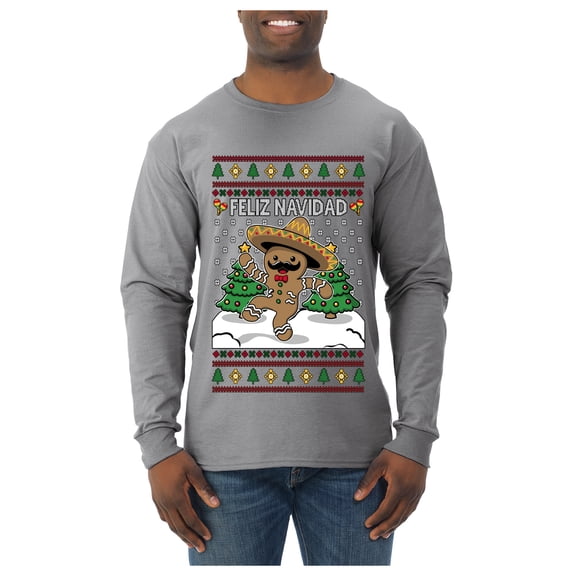 Wild Bobby Feliz Navidad Dancing Gingerbread Man Sweater | Holiday Men Long Sleeve Shirt