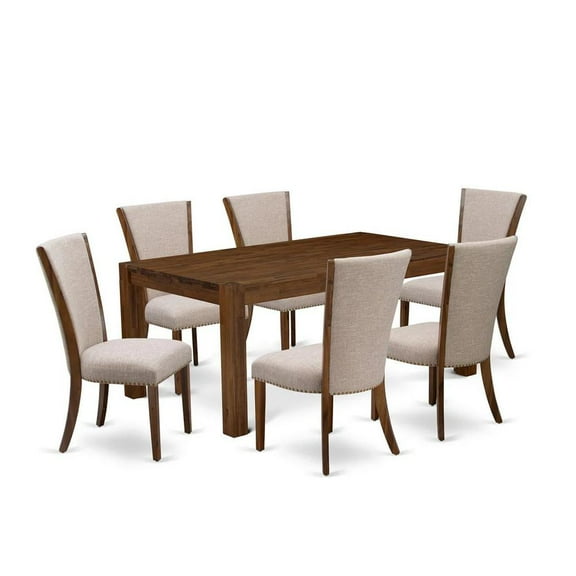 East West Furniture Lismore 7 Piece Modern Dining Set Consist of a Rectangle Rustic Wood Wooden Table and 6 Light Tan Linen Fabric Upholstered Chairs, 40x72 Inch, Antique Walnut