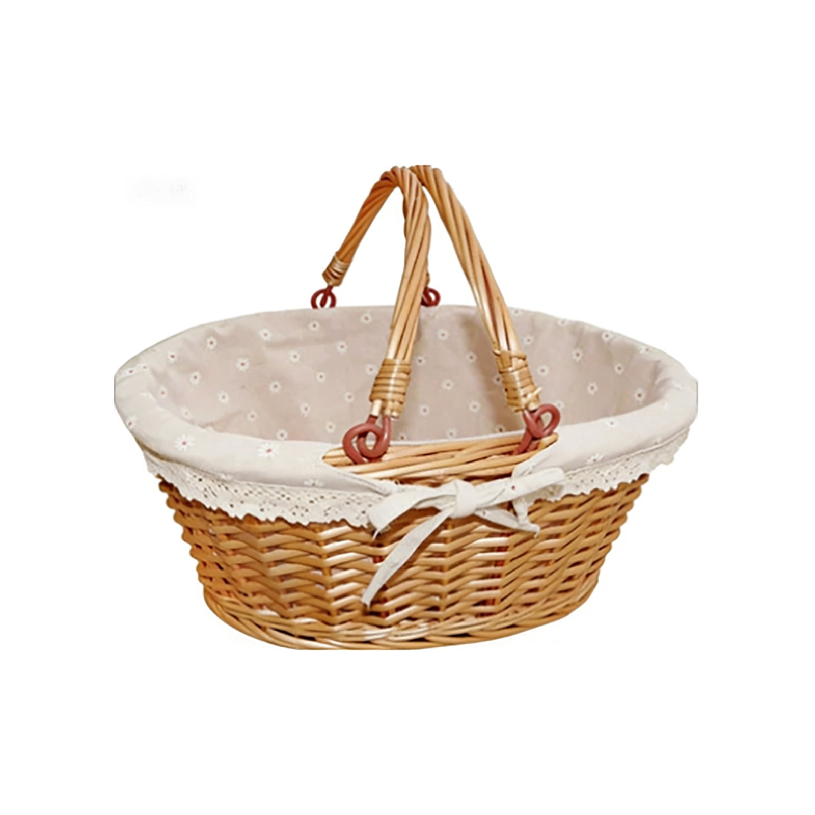 Handwoven Wicker Picnic Basket With White Liner & Handle Decorative Storage Basket For 4th Of July Easter Wedding Grocery Shopping