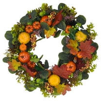 Unique Bargains Halloween Pumpkin Wreath Front Door Decor with Berries Maple Leaves Yellow