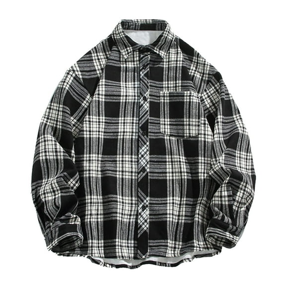 Wrtxtat Lapel Button Down Shirts for Men Casual Midweight Warm Fleece Lined Shirt with Pocket Fashion Plaid Loose Fit Tops Big and Tall Black#01 L