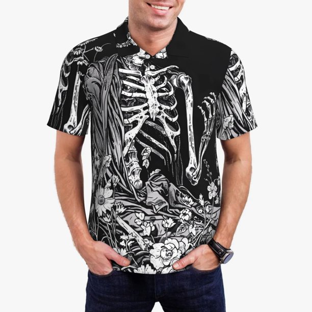 Balery Gothic Skull Floral Art Camisa Polo de Hombre con Estampado, de Manga Corta y Tejido Medio, Camisa Tipo Golf Polo-3X-Large
