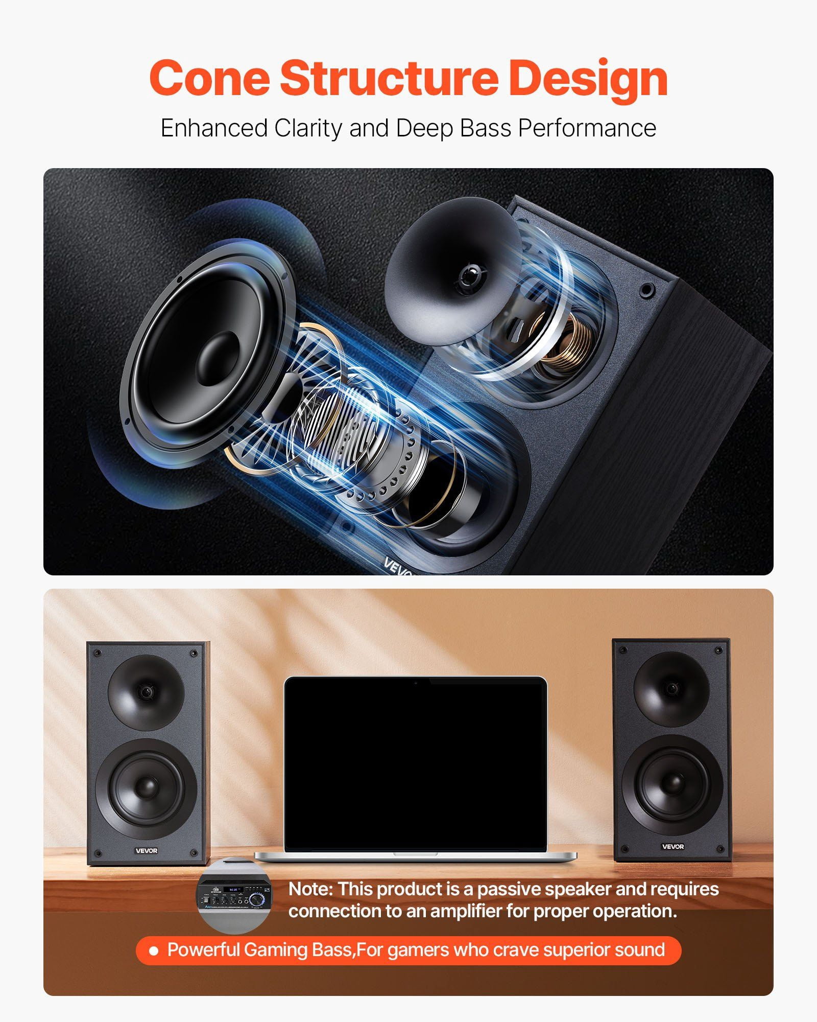 Passive Bookshelf Speaker 300W 5.25 Inch Woofer 1 Inch Tweeter Detachable Grille 65Hz 20KHz Frequency Response Wooden Enclosure Pair