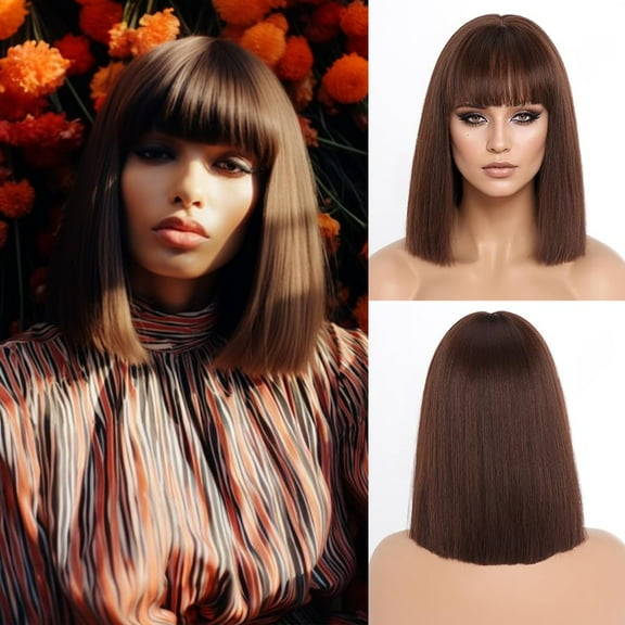 DOPI Short Brown Bob Wigs with Bangs,Short Straight Bob Brown Wigs for Women Hair Bob Cut Wig Shoulder Length Wig,Natural Looking Cosplay Daily Party Wig Halloween(12Inch)