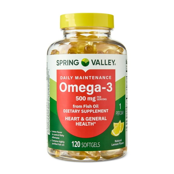 Spring Valley Daily Maintenance Omega-3 From Fish Oil Dietary Supplement Softgels for General & Heart Health, Lemon Flavor, 500 mg, 120 Count