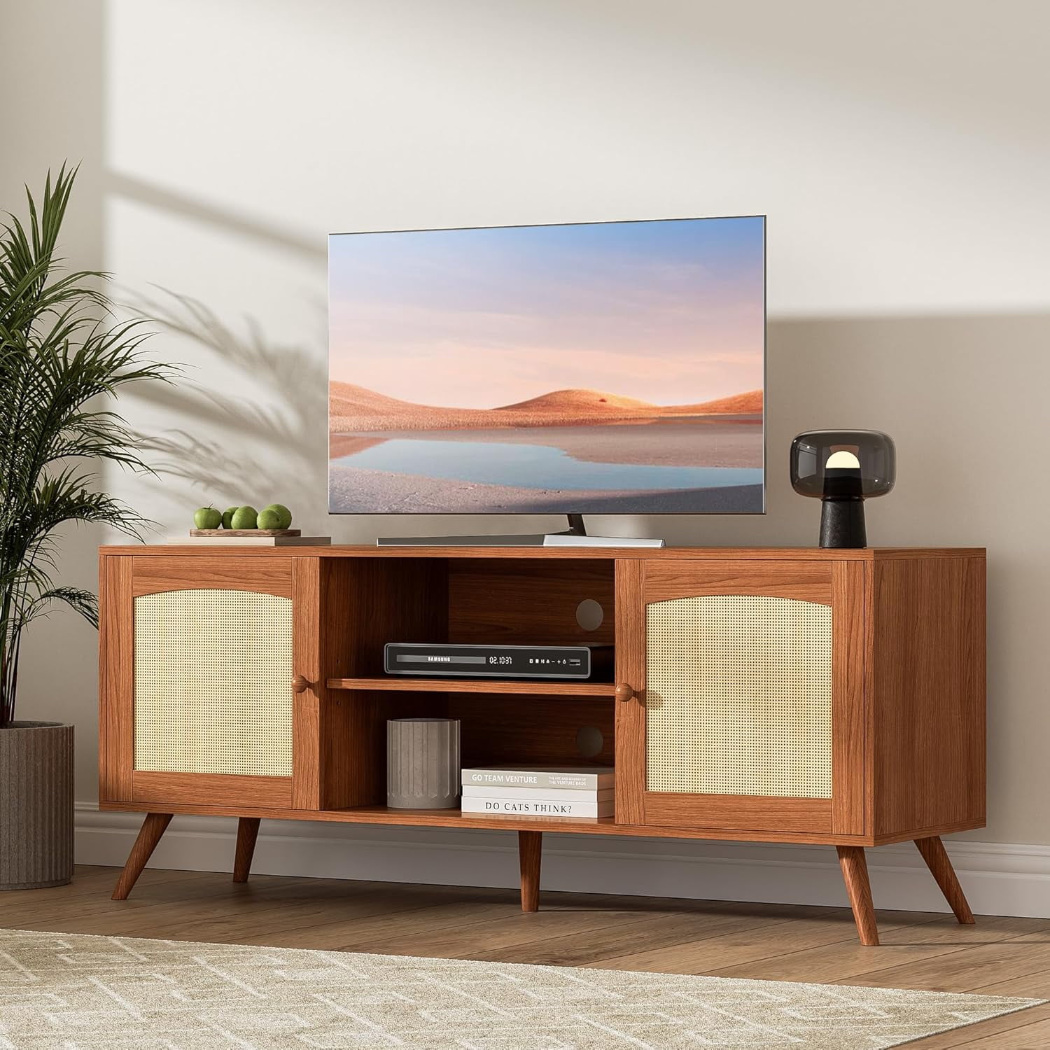 DIYART Brown Rattan TV Stand for 60 Inch TV, Wooden Mid Century Modern Entertainment Center with Natural Rattan Door, Boho Media TV Console for Living Room