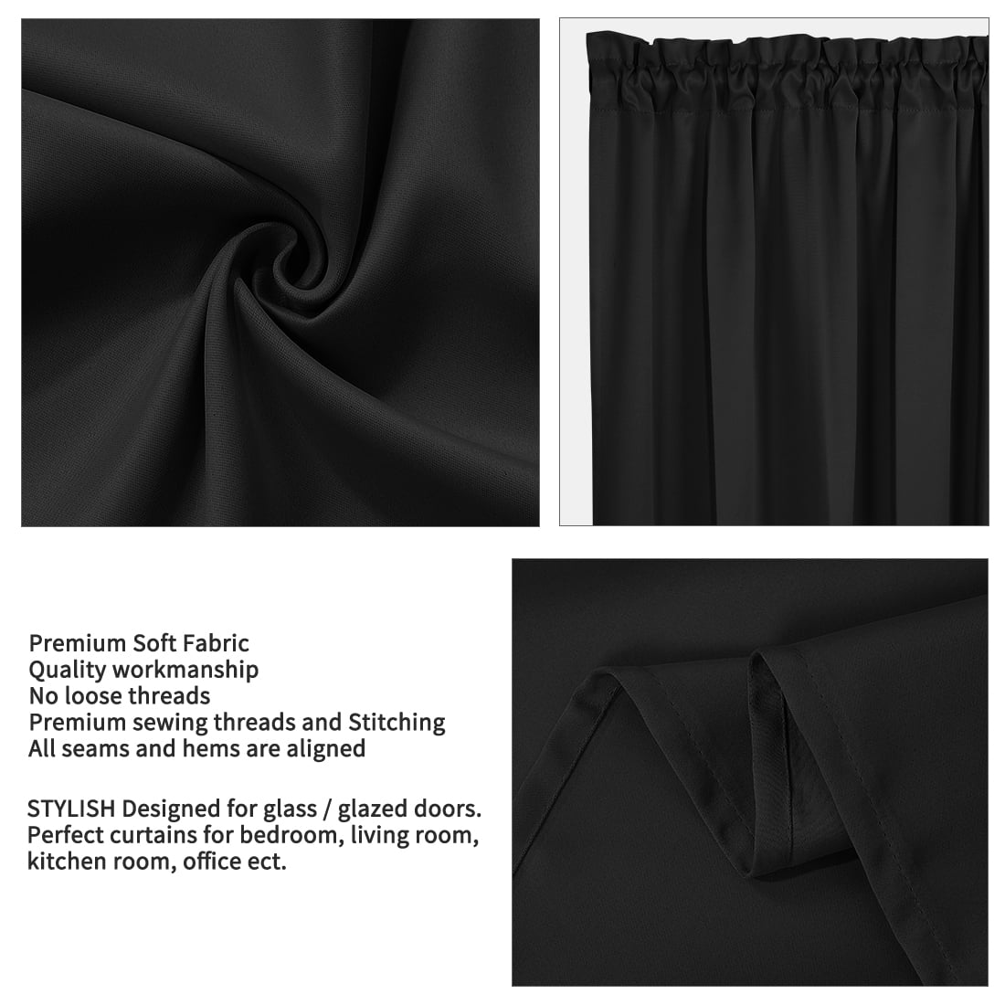 Unique Bargains Solid Window French Door Curtain Panel Black 25" x 72"