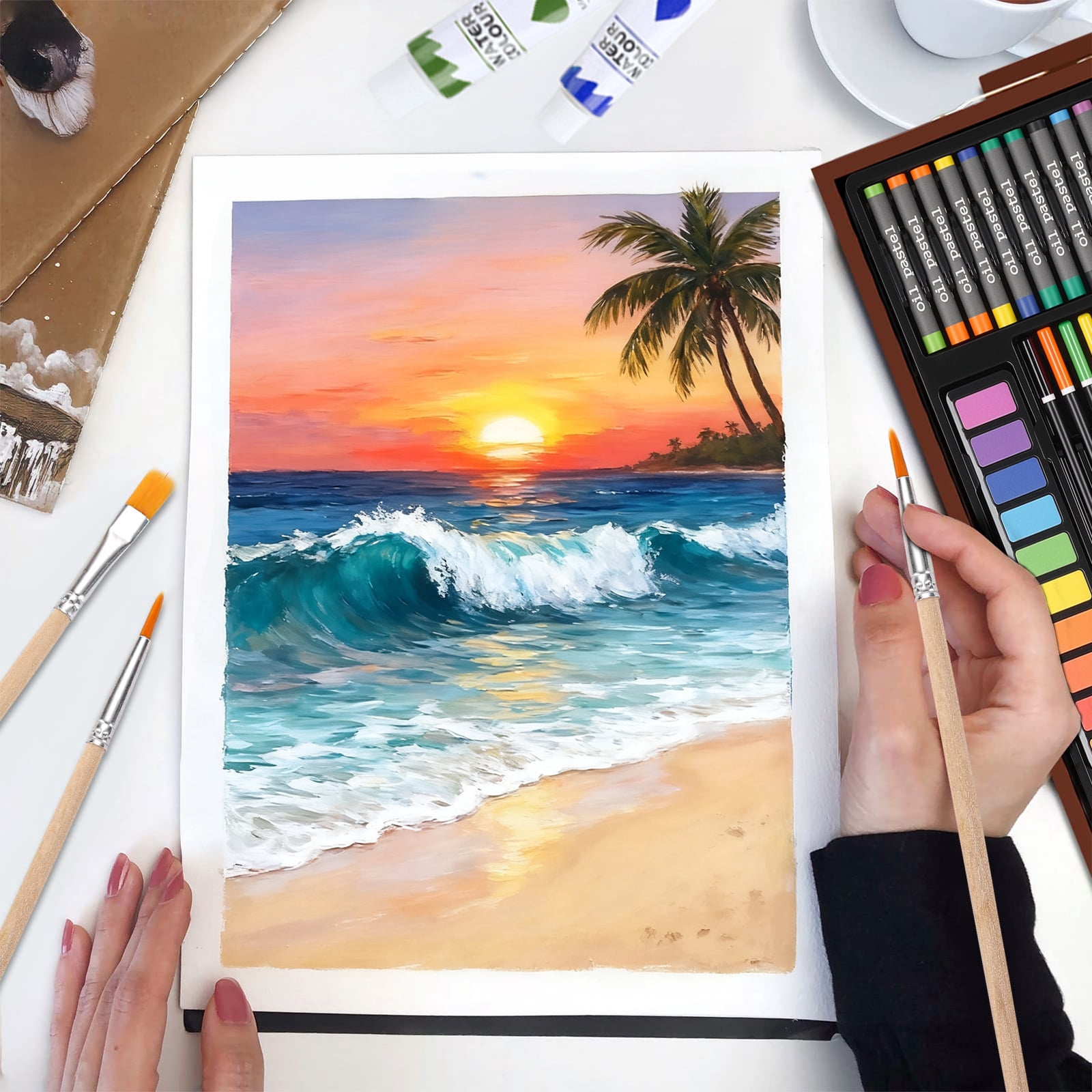 Professional Wooden Art Kit Double Door Design With Oil Pastels, Acrylic Paints & Colored Pencils, Complete Office Art Supplies
