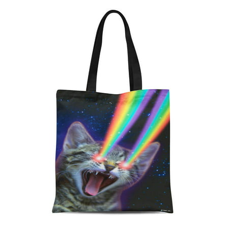 ASHLEIGH Canvas Tote Bag Hallmark Rainbow Laser Cat Shoebox Kitten Funny Astronaut Space Reusable Handbag Shoulder Grocery Shopping Bags