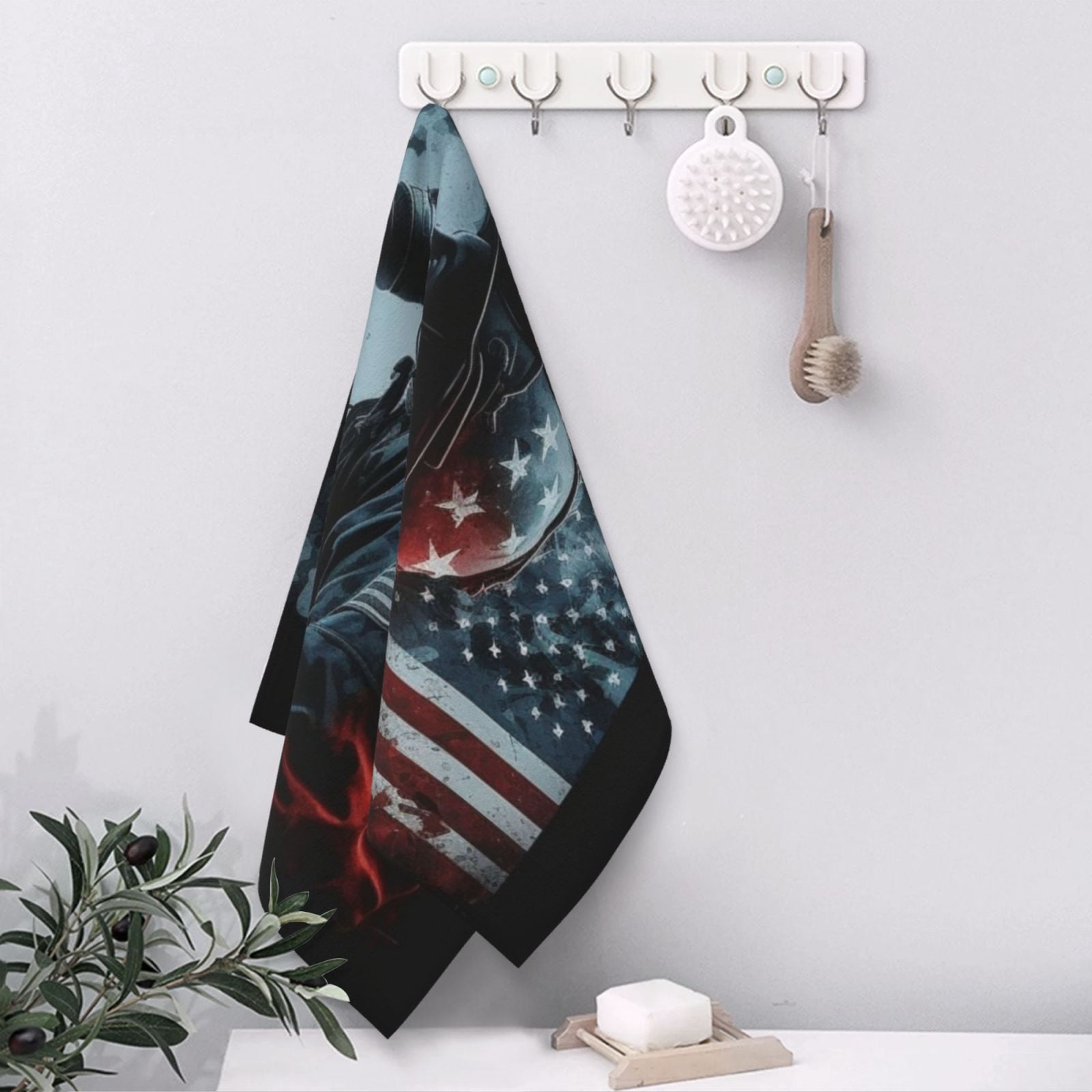 Fireman American Flag 27.5" x 16" Ultra Soft Hand Towel, Face Wash Cloth for Bathroom, Gym, Travel, Pool