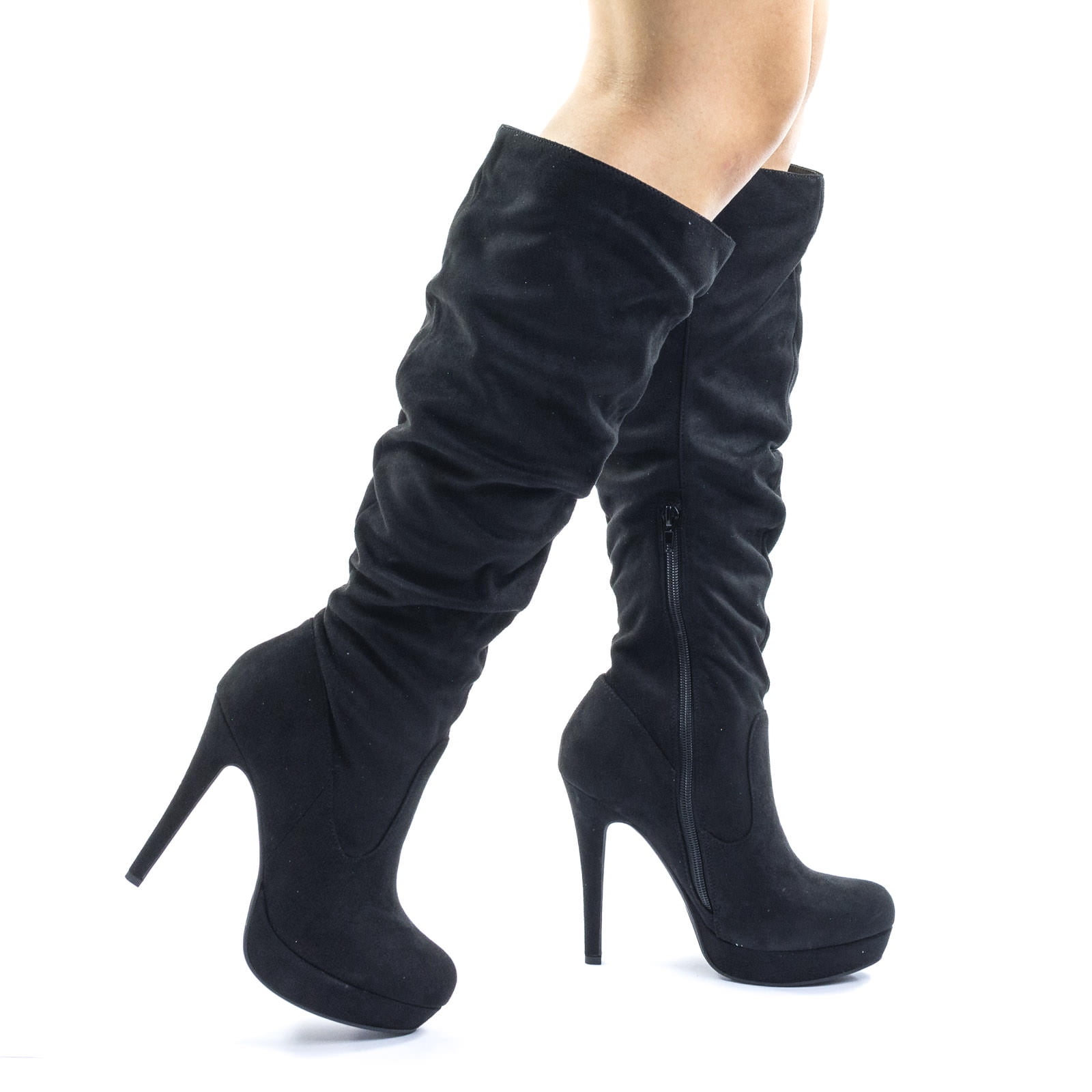 Women Knee High Boots High Heel Stiletto Platform Round Toe  Party Embossed Pump