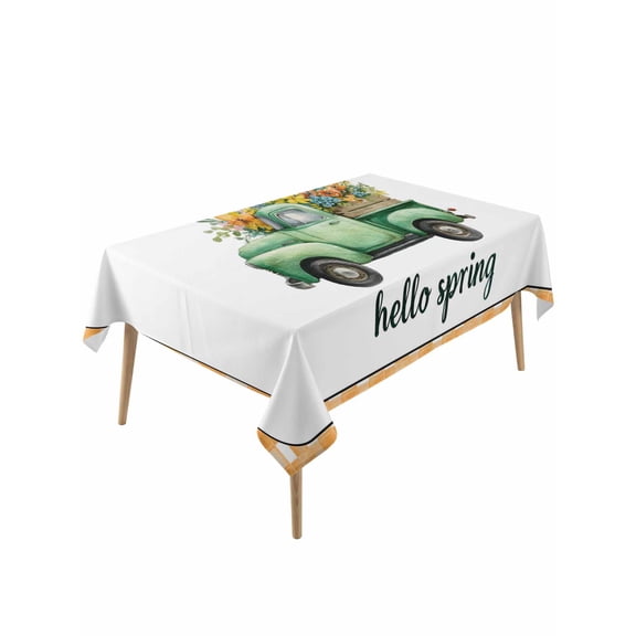 Hello Spring Rectangle Tablecloth, Easter Flowers Green Truck Floral Orange Plaid Waterproof & StainResistant Tablecloth, Washable Oil-proof Table Cover for Dining/Party/Wedding/Buffet 54x108 In