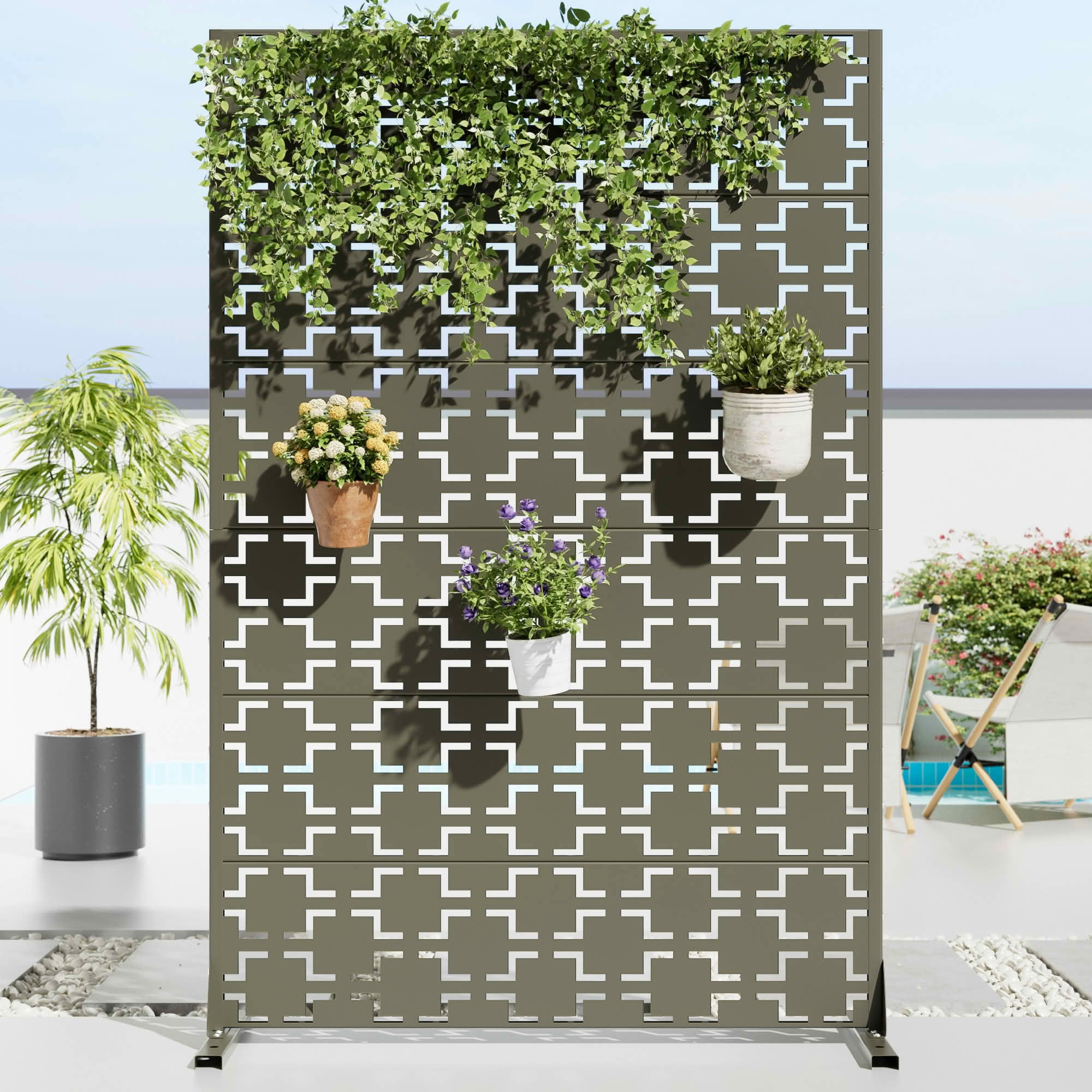 MAYEERTY 72x47x16 Inch Olive Gray Galvanized Steel Privacy Screen, 6 Piece Set for Outdoor Garden