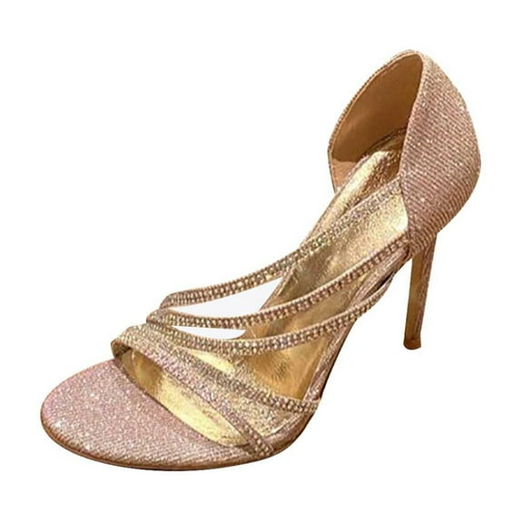 Nrmvnmi Women's High Heels Sandals Open Toe Rhinestone Strappy Summer Heels for Wedding Prom Party Gown Shoes Rose Gold Mothers Day Gifts