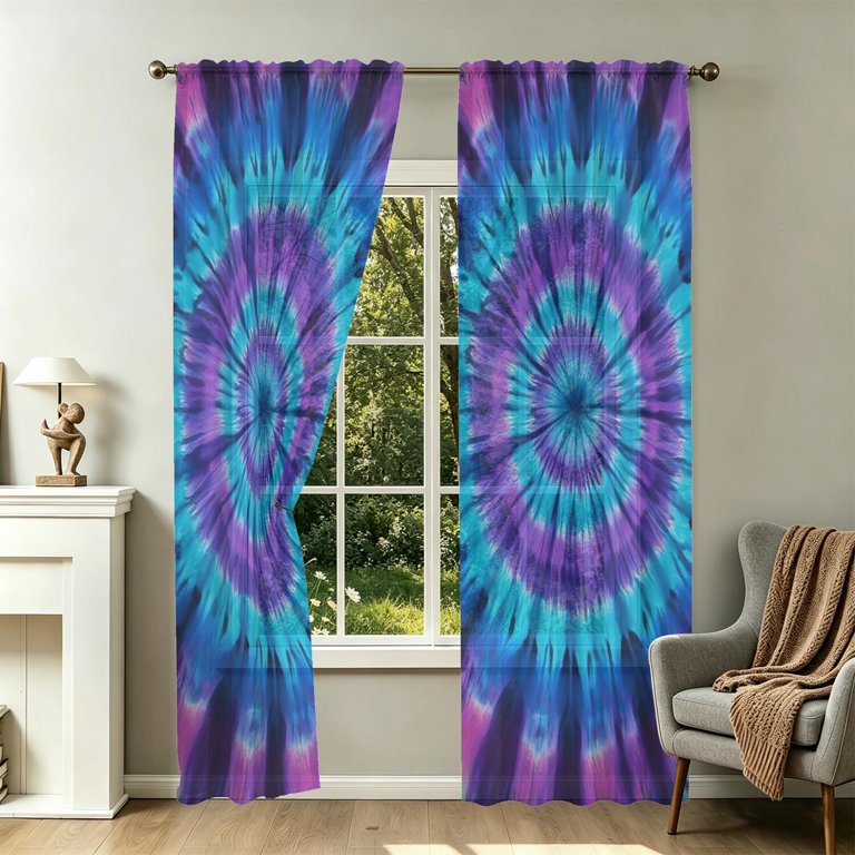 Blue Patternws Blue and Purple Tie Dye Pattern Sheer Curtains, Sheer Window Panels ...