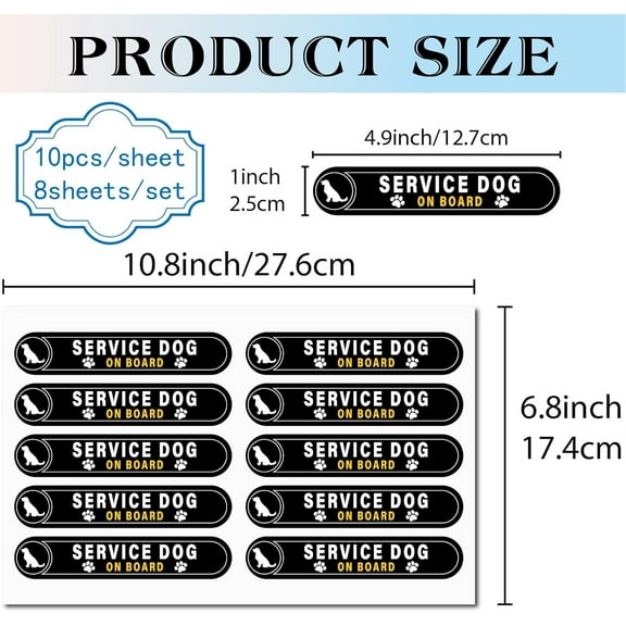 8 Sheets Service Dog on Board Stickers Mini Vinyl Warning Stickers Black White Yellow Coated Self Adhesive Waterproof Service Dog on Board Decals Safety Sign for Wall 174x276mm