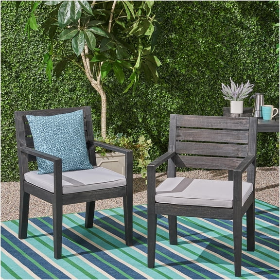 JERFIT Modern Acacia Wood Patio Dining Chairs (Set of 2) with Light Gray Water-Resistant Cushions, Dark Grey Finish for Outdoor Garden, Poolside