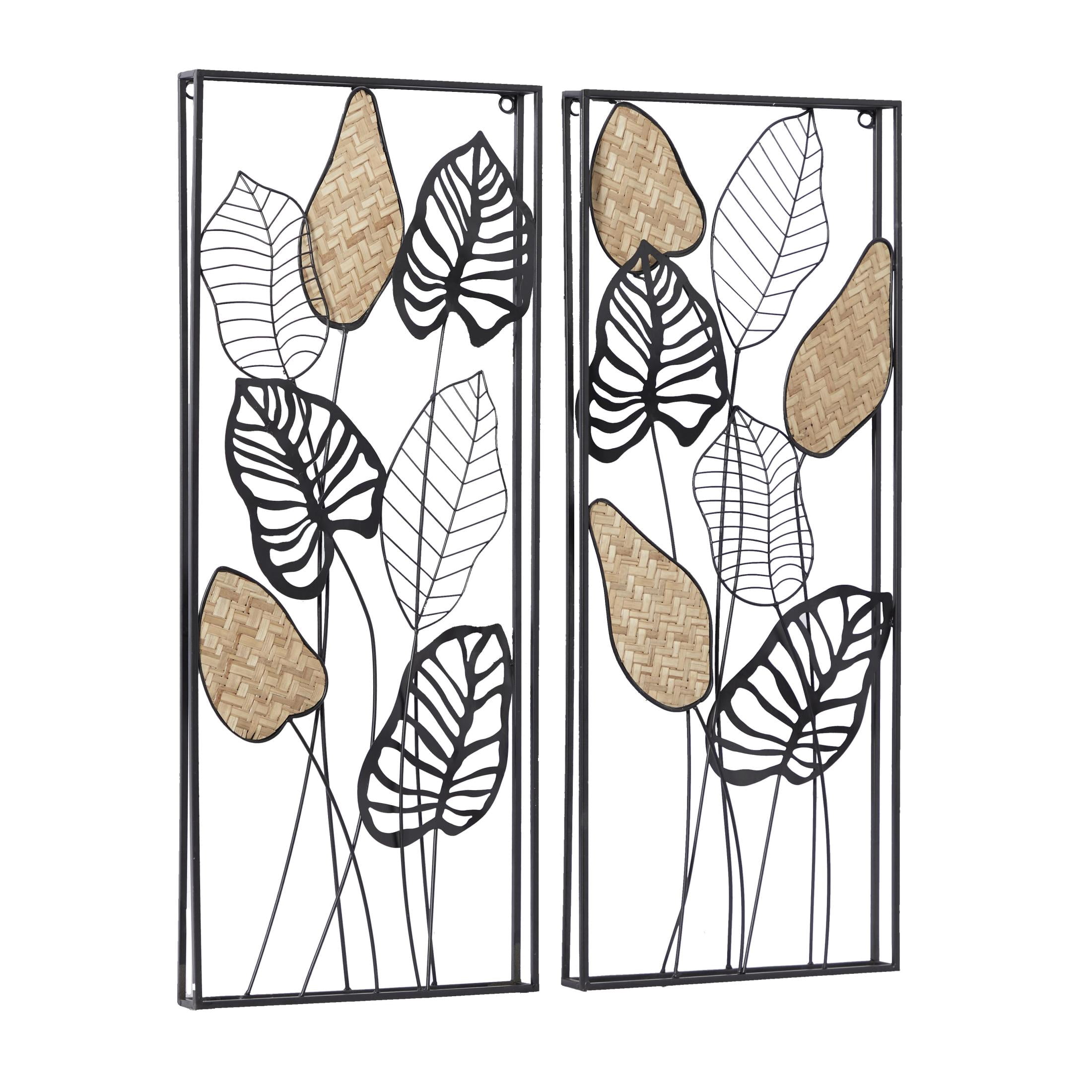 DecMode Black Metal Tall Cut-Out Leaf Wall Decor with Intricate Laser Cut Designs (2 Count)