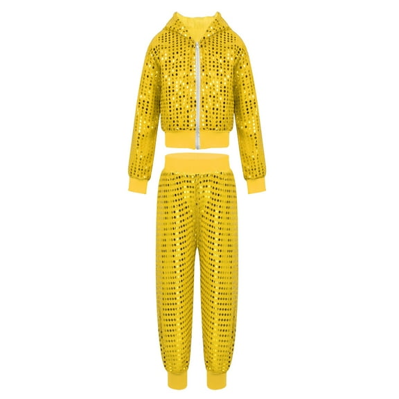 TiaoBug Kids Boys Girls Sparkly Sequins Hip-hop Jazz Dance Outfits Hooded Jacket Tops with Pants Performance Costume