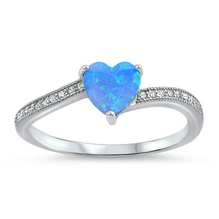 CHOOSE YOUR COLOR Clear CZ Blue Simulated Opal Heart Promise Ring .925 Sterling Silver Band