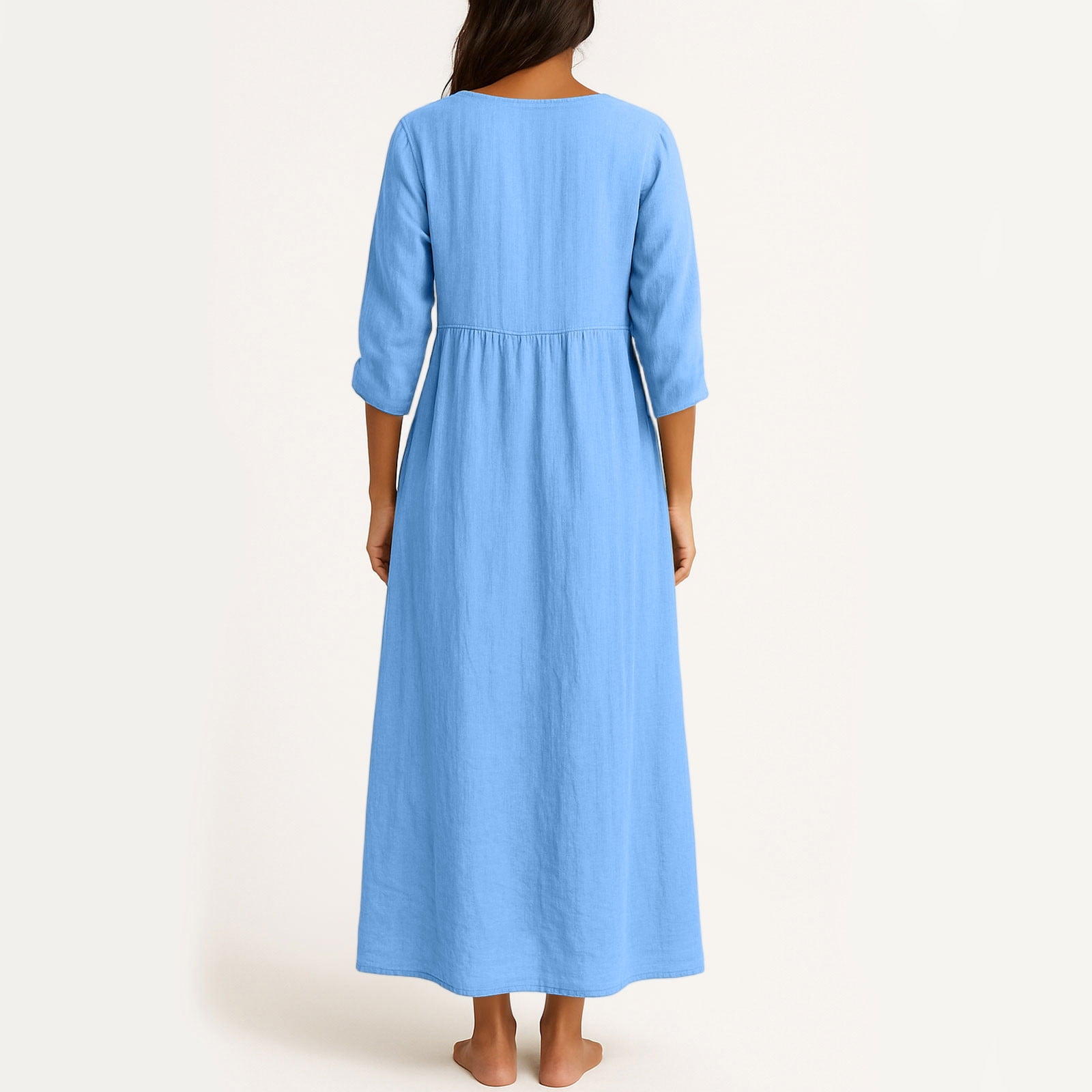 JGGSPWM Linen Dress Women V Neck Long 3/4 Sleeve Tunic Boho Maxi Dress Casual Spring and Autumn Plain Flowy Beach Vacation Dresses Blue S